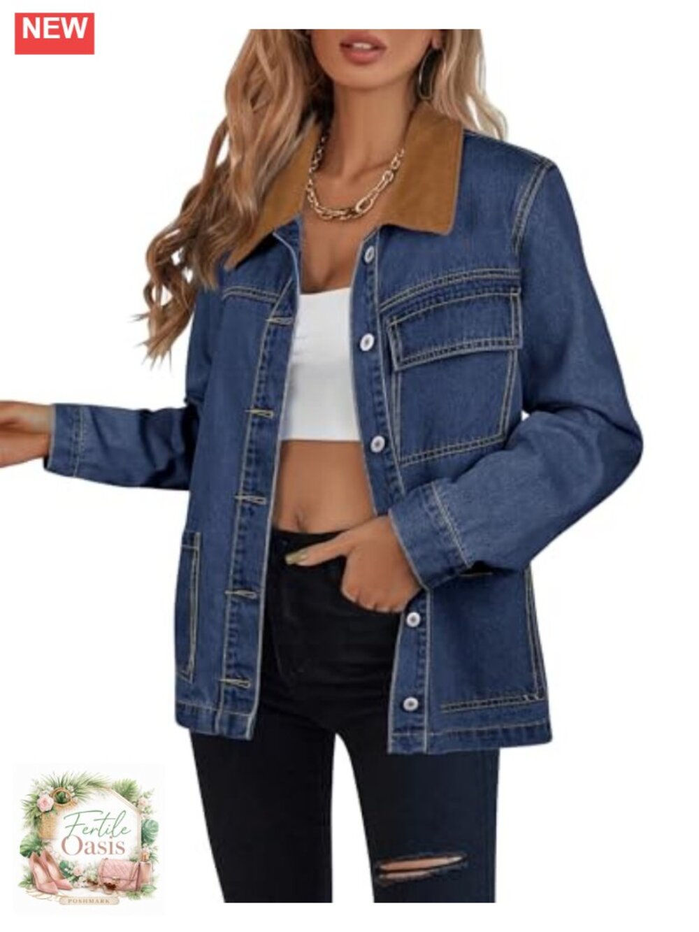 Denim Barn Jacket Women Button Down Corduroy Collar Casual Loose Fit with